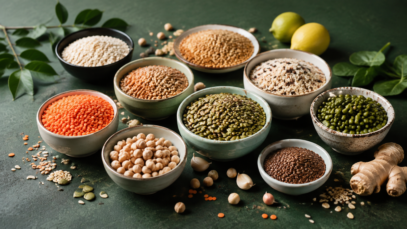 Illustrative arrangement of grains, pulses, seeds and fresh ingredients