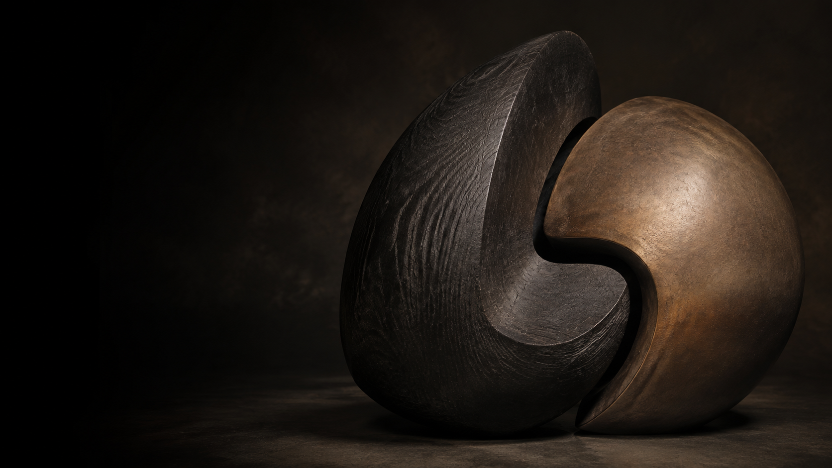 Sculptural oak and bronze forms representing the meeting of ideas and engineering