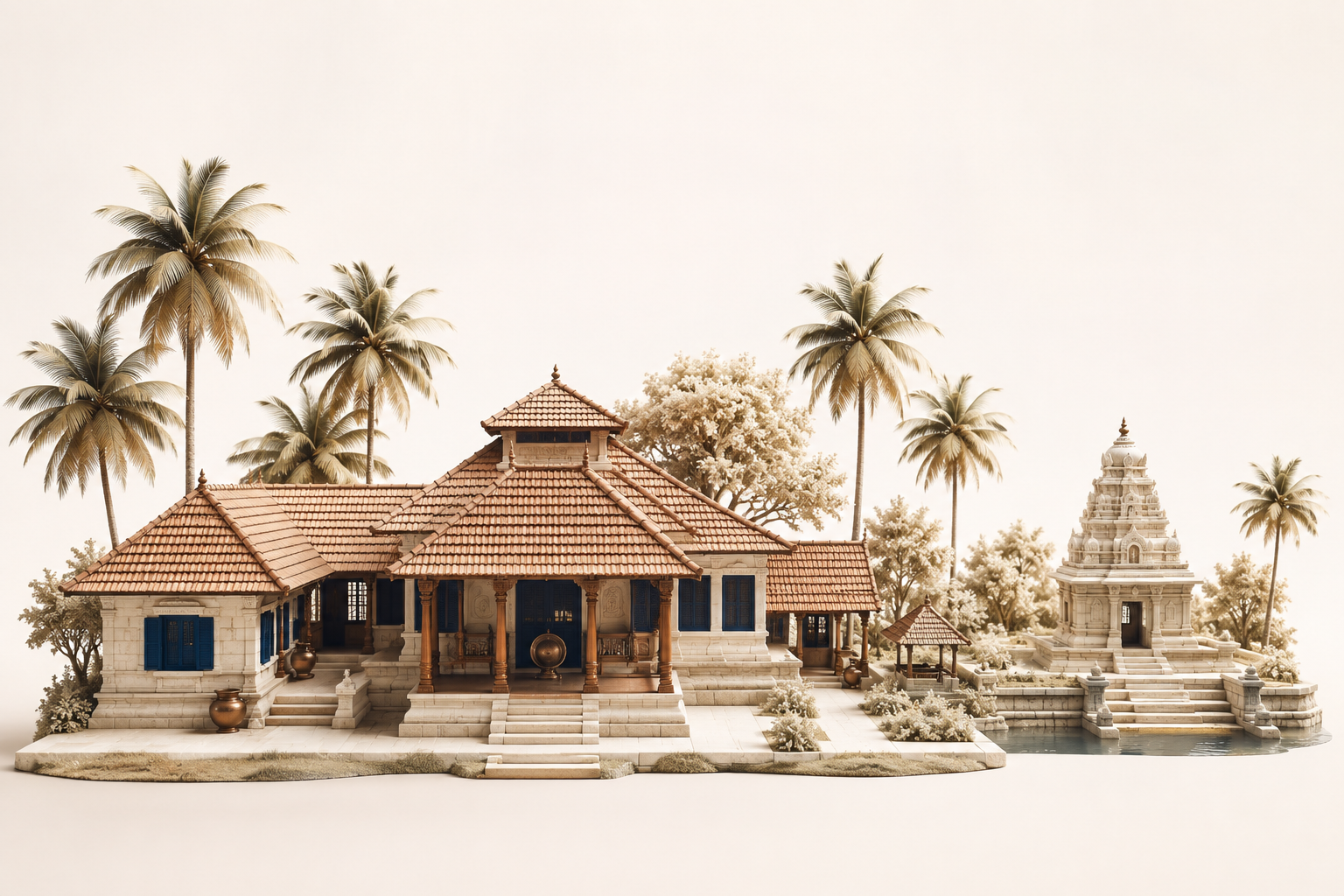 Architectural miniature inspired by South Indian courtyards, tiled roofs and palms