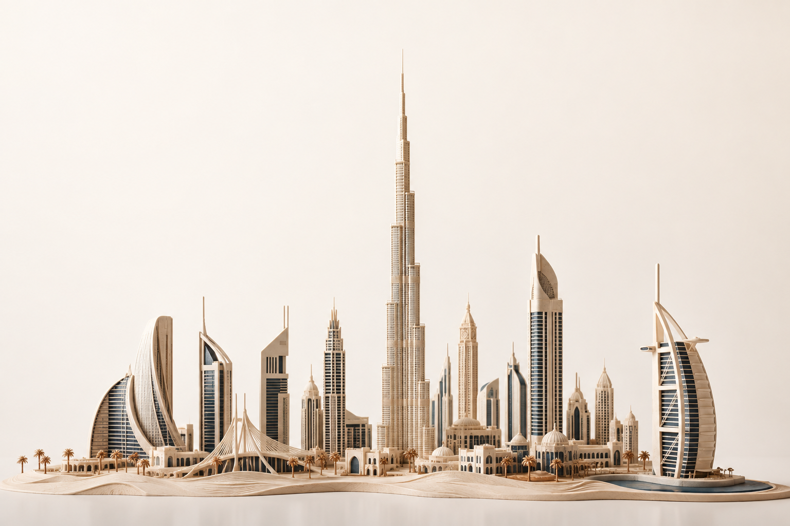 Architectural miniature inspired by Dubai’s skyline and desert landscape
