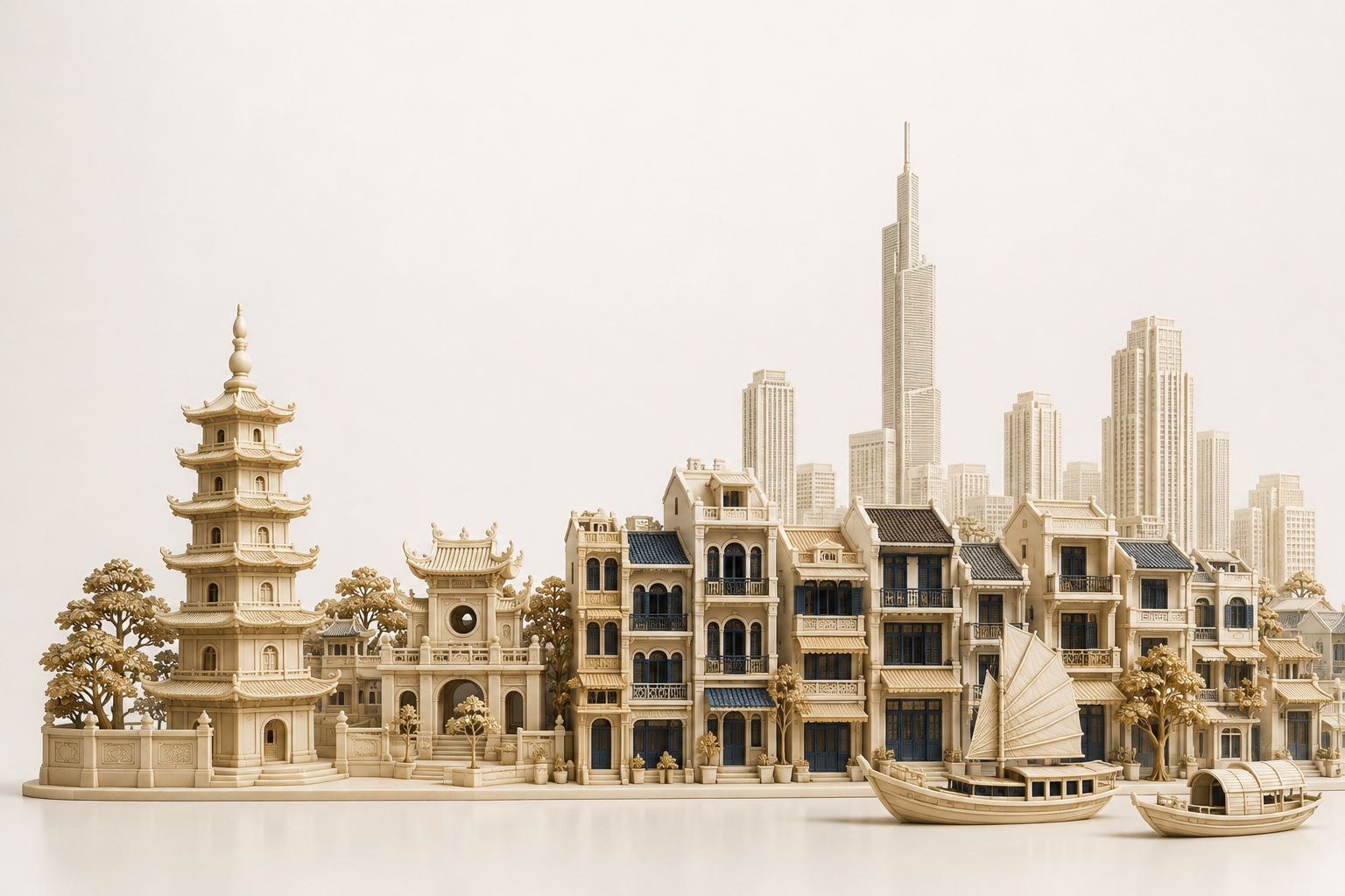 Architectural miniature inspired by Vietnam’s pagodas, shophouses and waterfronts